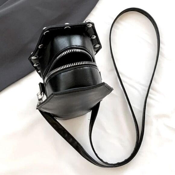 XMAS SALE Black Leather Goth Embroidered Rose Studded Coffin Purse - Picture 4 of 6